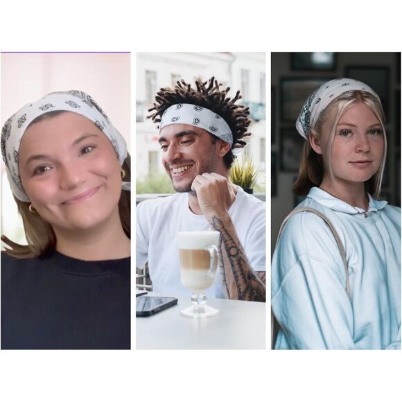 Women's White Cotton Bandana Large Cowgirl Imported Handkerchief Headband Scarf - Picture 4 of 7